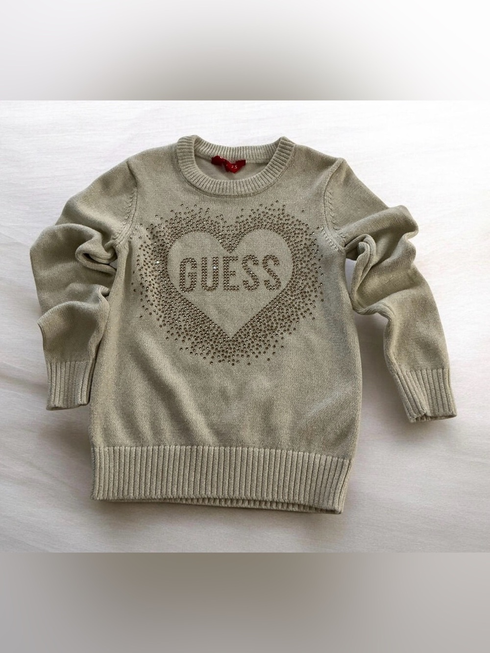 GUESS  girls Cream Crewneck Sweater with Studded Heart Logo